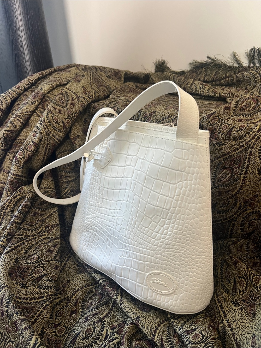 Longchamp Medium White Croc-Embossed Leather Tote Bag with Dust Bag